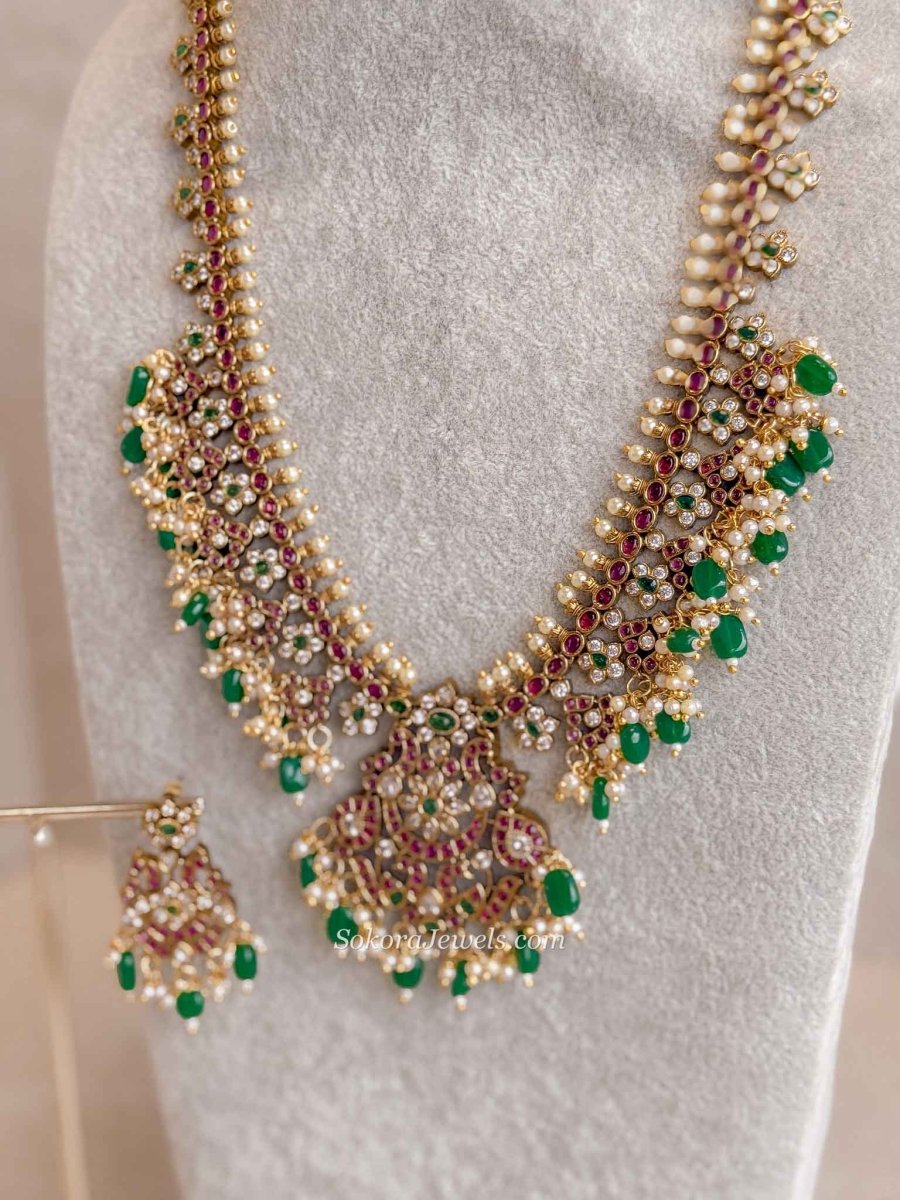 Long Guttapusalu Haram Necklace Set with Green Beads - SOKORA JEWELSLong Guttapusalu Haram Necklace Set with Green Beads
