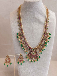 Long Guttapusalu Haram Necklace Set with Green Beads - SOKORA JEWELSLong Guttapusalu Haram Necklace Set with Green Beads