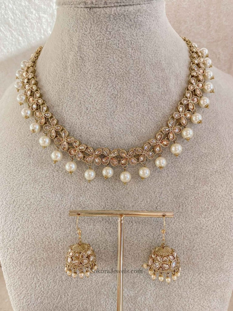 Long Necklace & Jhumka Earrings - Pearl - SOKORA JEWELSLong Necklace & Jhumka Earrings - PearlNECKLACE SETS