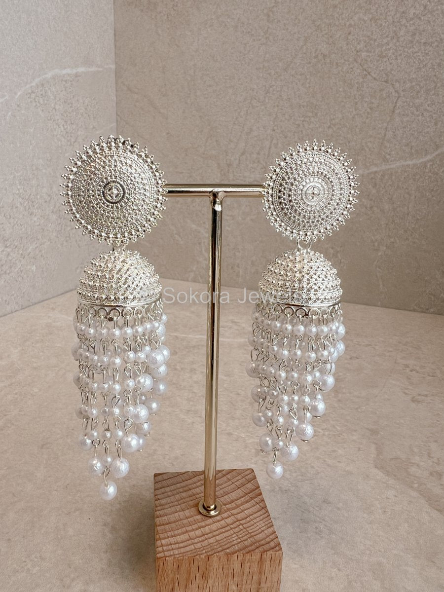 Long White Tassell Jhumka - SOKORA JEWELSLong White Tassell Jhumka