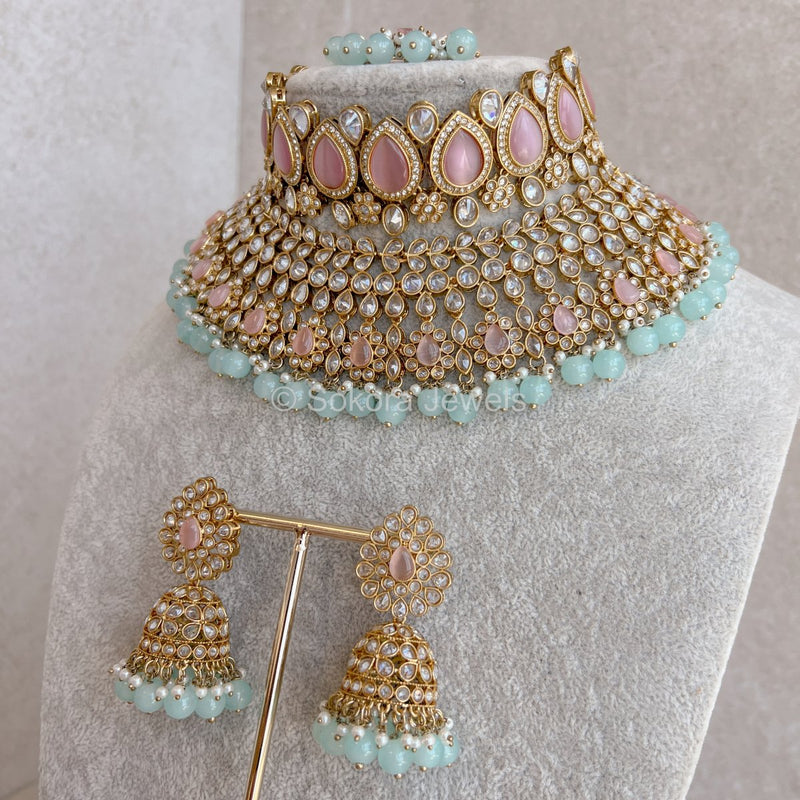 Lucie Bridal Double Necklace set - Pink/Blue - SOKORA JEWELSLucie Bridal Double Necklace set - Pink/Blue