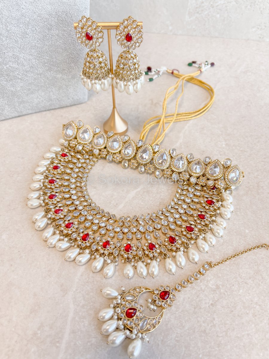 Lucie Bridal Double necklace set - Red - SOKORA JEWELSLucie Bridal Double necklace set - Red