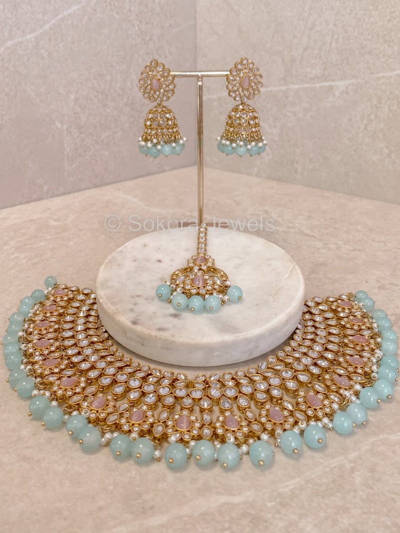 Lucie Bridal Necklace set - Pink & Blue - SOKORA JEWELSLucie Bridal Necklace set - Pink & Blue