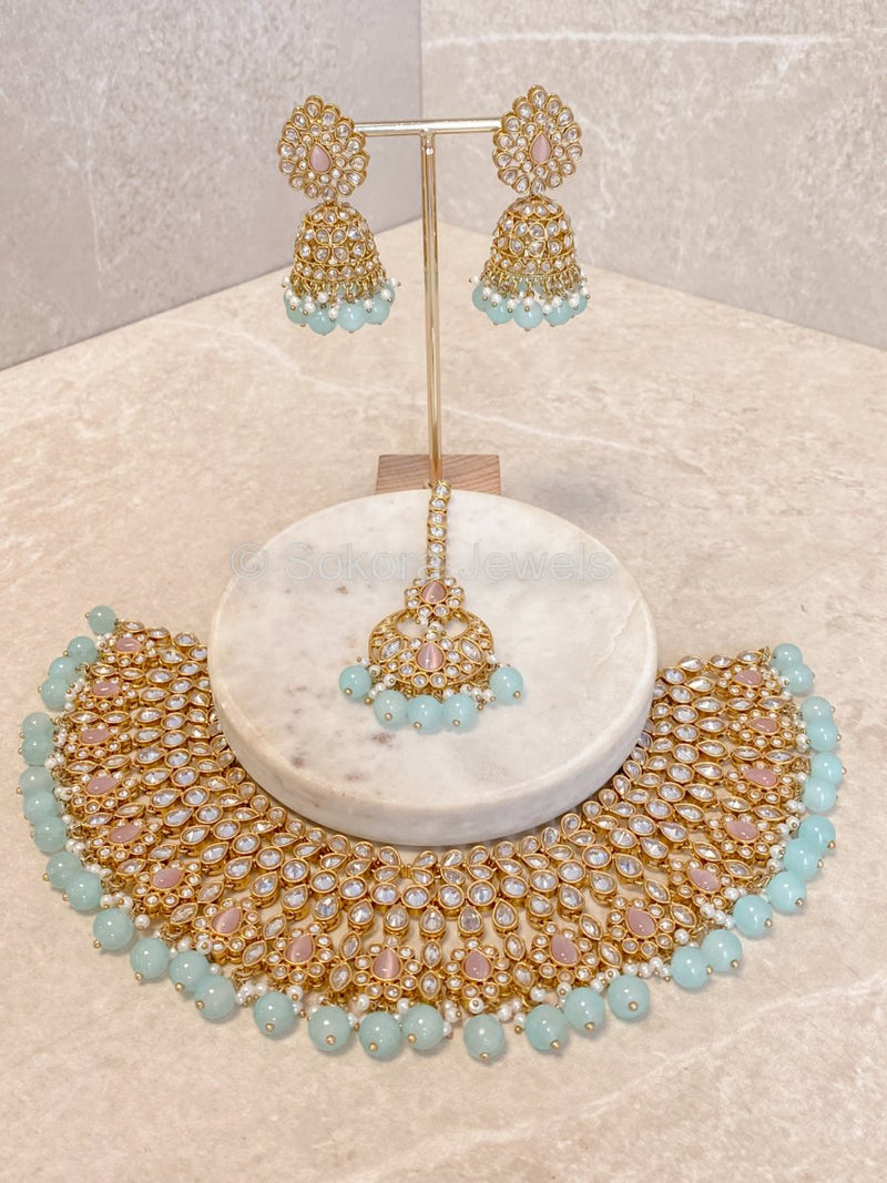 Lucie Bridal Necklace set - Pink & Blue - SOKORA JEWELSLucie Bridal Necklace set - Pink & Blue