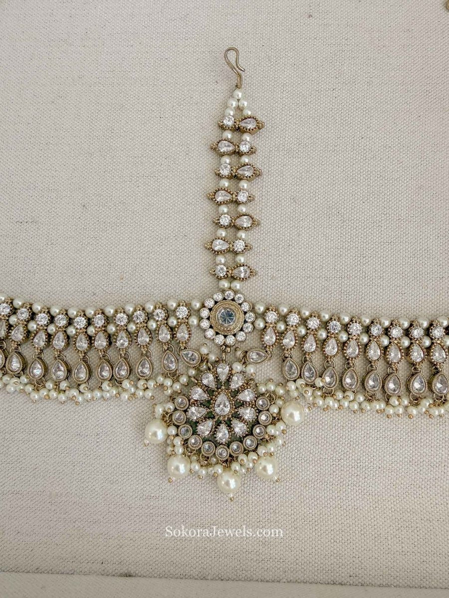 Luxury Clear Crystal & Pearl Bridal Mathapatti - SOKORA JEWELSLuxury Clear Crystal & Pearl Bridal Mathapatti