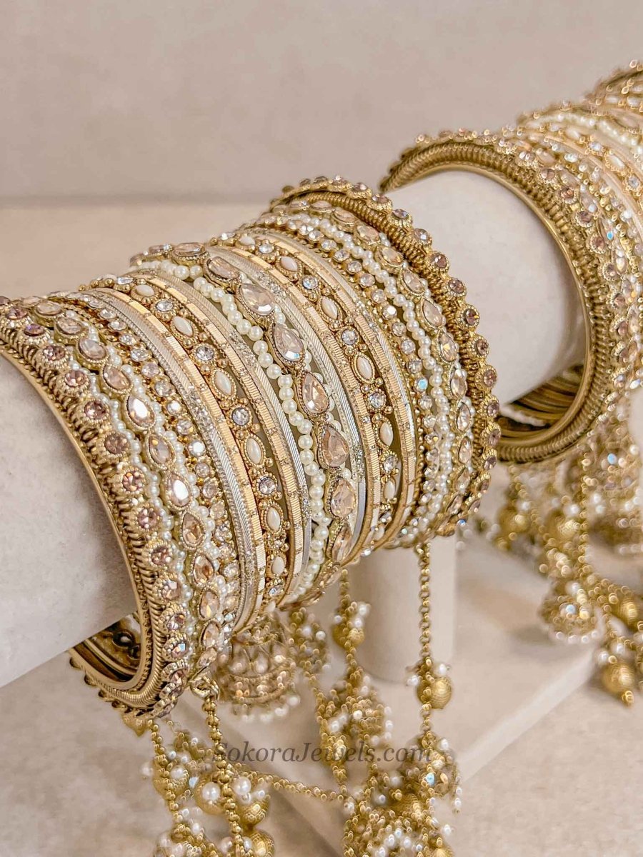 Luxury Golden Jhumka Connecting Bangle Set - SOKORA JEWELSLuxury Golden Jhumka Connecting Bangle SetBANGLES