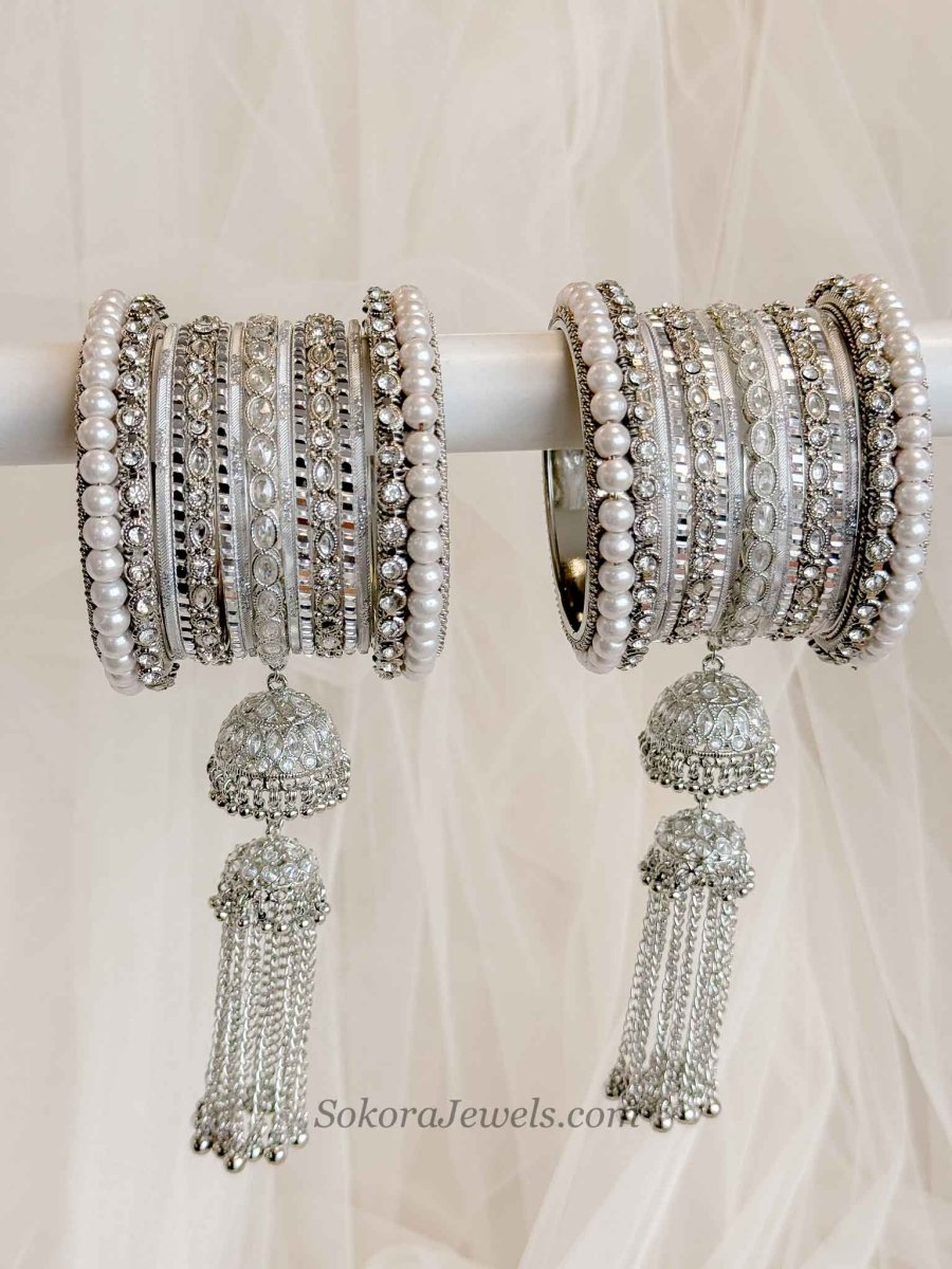 Luxury Jabeen Tassel Bangle set - Silver - SOKORA JEWELSLuxury Jabeen Tassel Bangle set - SilverBANGLES