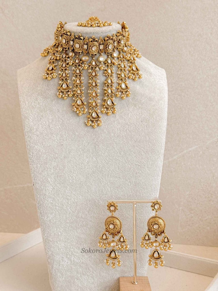 Luxury Kundan Bridal Choker Set – Gold Plated Statement Drop Set - SOKORA JEWELSLuxury Kundan Bridal Choker Set – Gold Plated Statement Drop Set