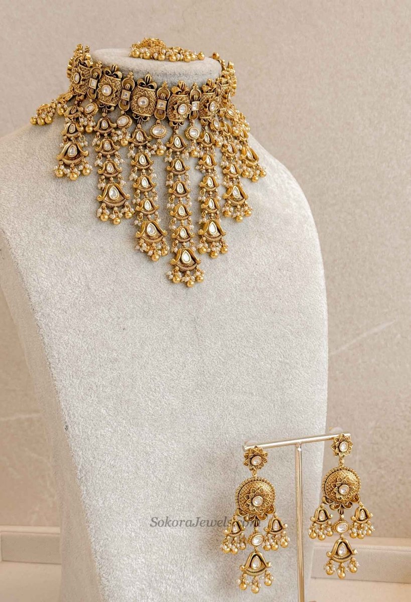 Luxury Kundan Bridal Choker Set – Gold Plated Statement Drop Set - SOKORA JEWELSLuxury Kundan Bridal Choker Set – Gold Plated Statement Drop Set