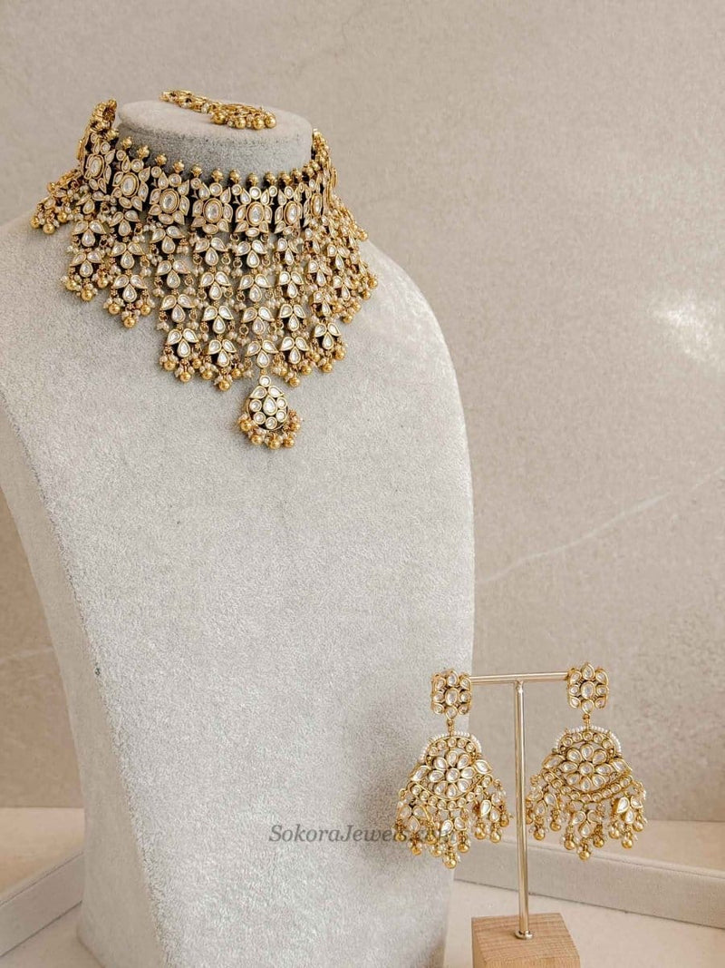 Luxury Kundan Bridal Choker Set – Gold Plated Statement Drop Set - SOKORA JEWELSLuxury Kundan Bridal Choker Set – Gold Plated Statement Drop Set