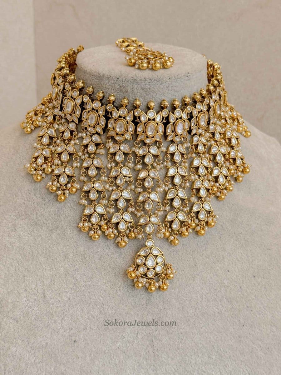 Luxury Kundan Bridal Choker Set – Gold Plated Statement Drop Set - SOKORA JEWELSLuxury Kundan Bridal Choker Set – Gold Plated Statement Drop Set
