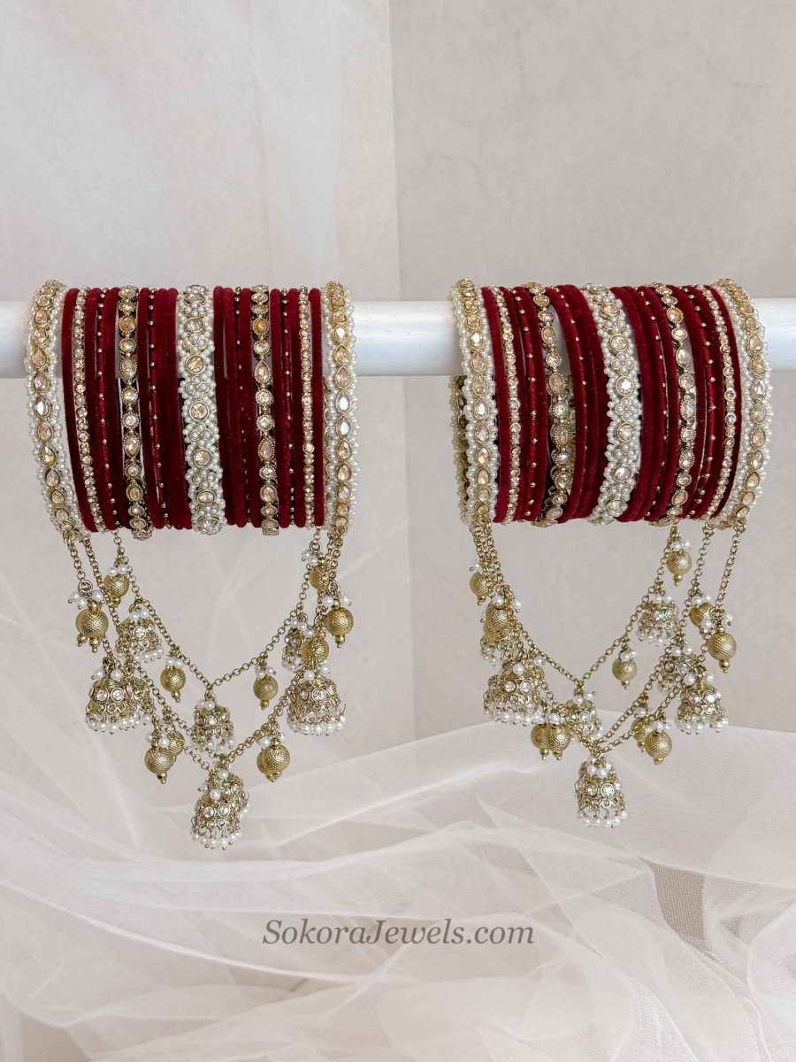 Luxury Maroon Velvet Bridal Bangle Set - SOKORA JEWELSLuxury Maroon Velvet Bridal Bangle SetBANGLES