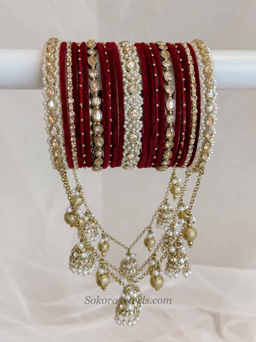 Luxury Maroon Velvet Bridal Bangle Set - SOKORA JEWELSLuxury Maroon Velvet Bridal Bangle SetBANGLES