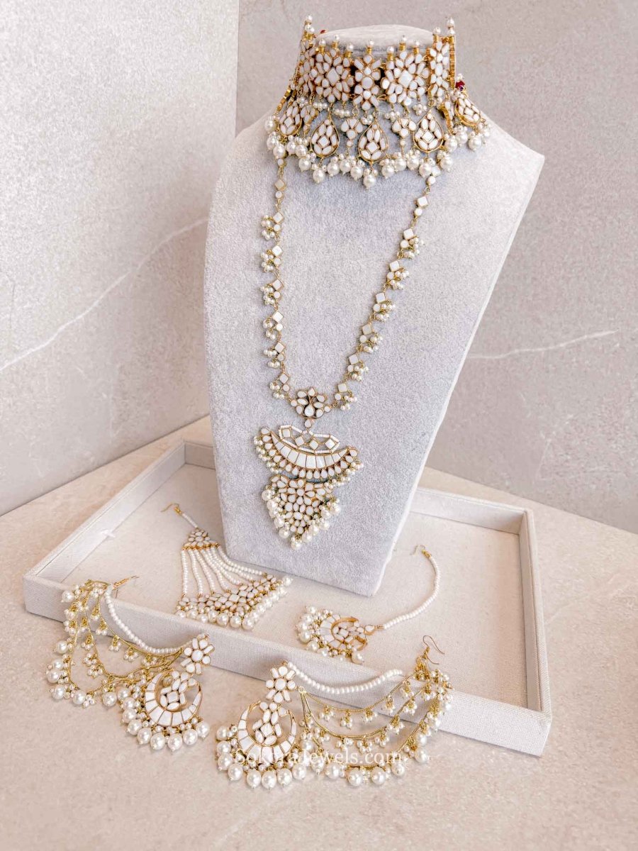 Maariyah Gold Plated Mother of Pearl Bridal Jewellery Set with Choker, Long Necklace & Accessories - SOKORA JEWELSMaariyah Gold Plated Mother of Pearl Bridal Jewellery Set with Choker, Long Necklace & AccessoriesNECKLACE SETS