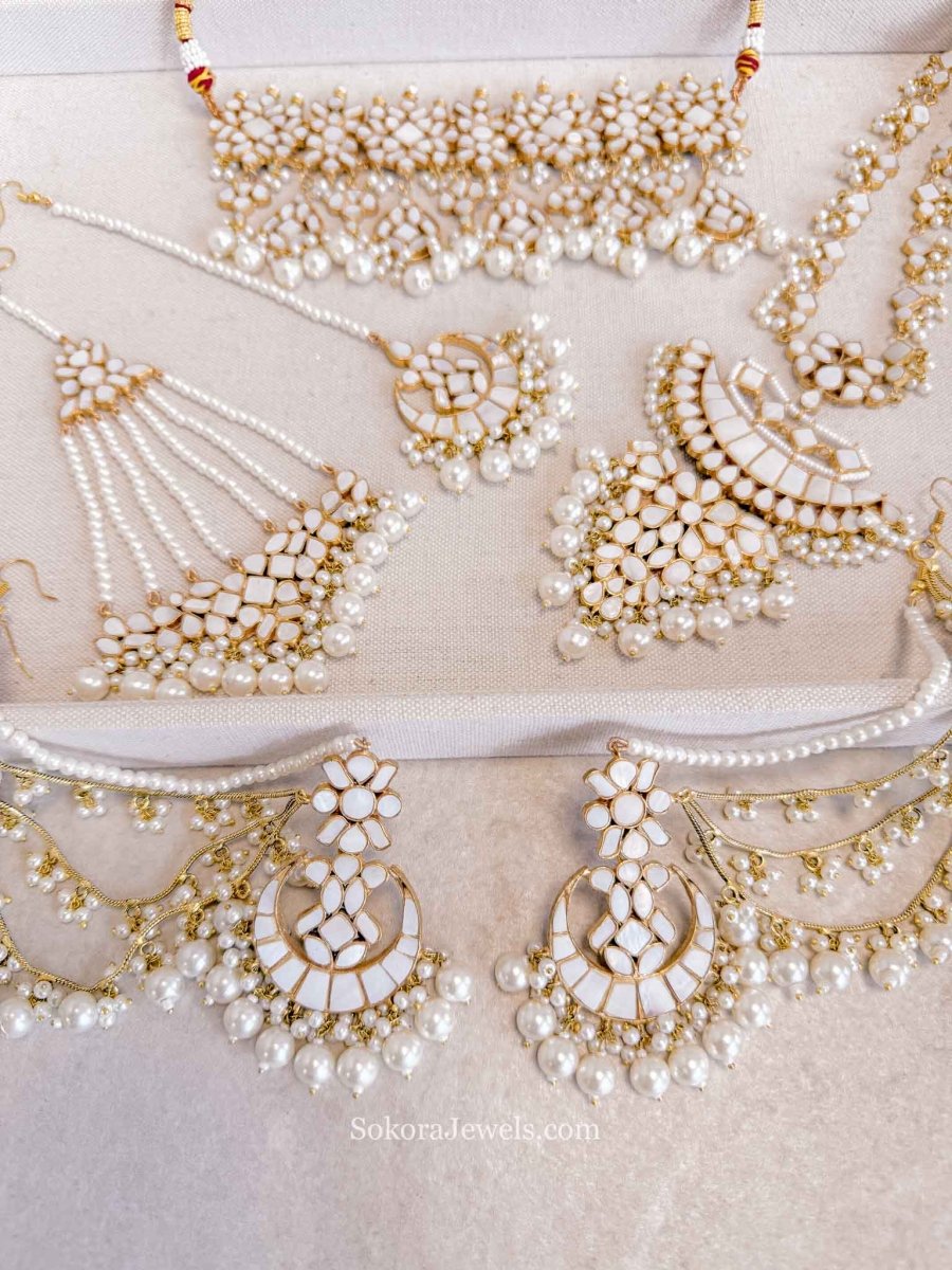 Maariyah Gold Plated Mother of Pearl Bridal Jewellery Set with Choker, Long Necklace & Accessories - SOKORA JEWELSMaariyah Gold Plated Mother of Pearl Bridal Jewellery Set with Choker, Long Necklace & AccessoriesNECKLACE SETS