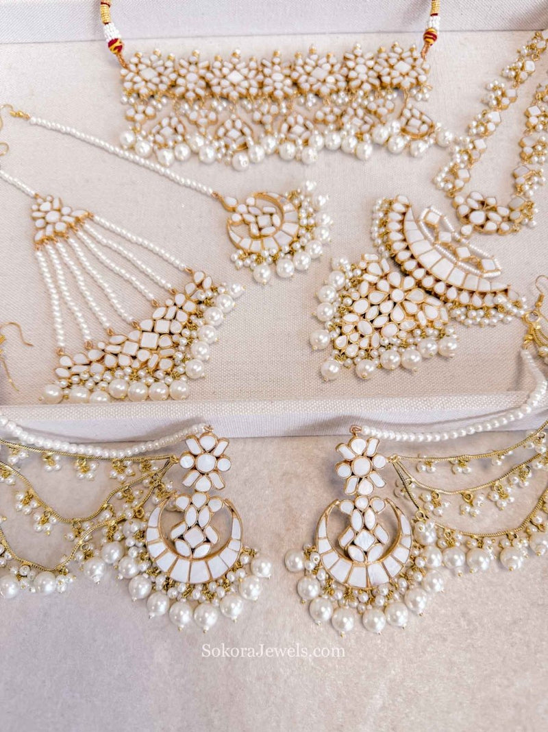 Maariyah Gold Plated Mother of Pearl Bridal Jewellery Set with Choker, Long Necklace & Accessories - SOKORA JEWELSMaariyah Gold Plated Mother of Pearl Bridal Jewellery Set with Choker, Long Necklace & AccessoriesNECKLACE SETS