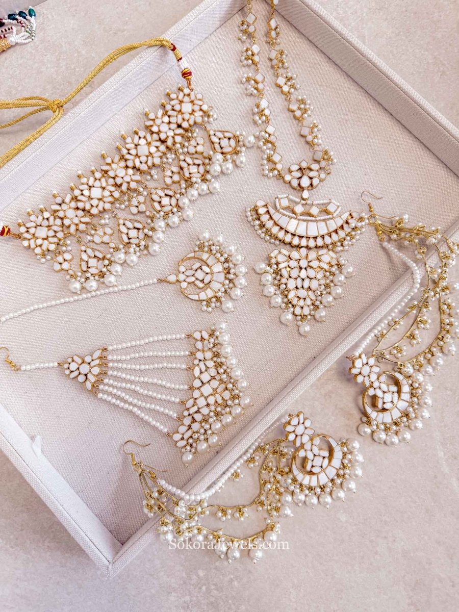 Maariyah Gold Plated Mother of Pearl Bridal Jewellery Set with Choker, Long Necklace & Accessories - SOKORA JEWELSMaariyah Gold Plated Mother of Pearl Bridal Jewellery Set with Choker, Long Necklace & AccessoriesNECKLACE SETS
