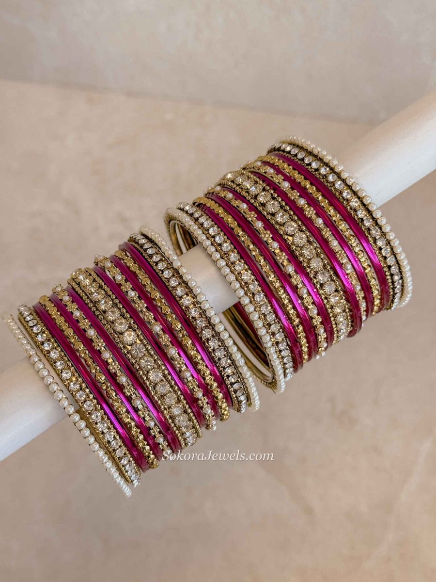 Magenta & Gold Bangle Set – Crystal Stack - SOKORA JEWELSMagenta & Gold Bangle Set – Crystal StackBANGLES