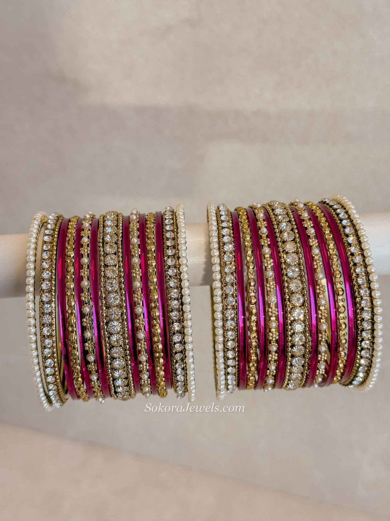 Magenta & Gold Bangle Set – Crystal Stack - SOKORA JEWELSMagenta & Gold Bangle Set – Crystal StackBANGLES