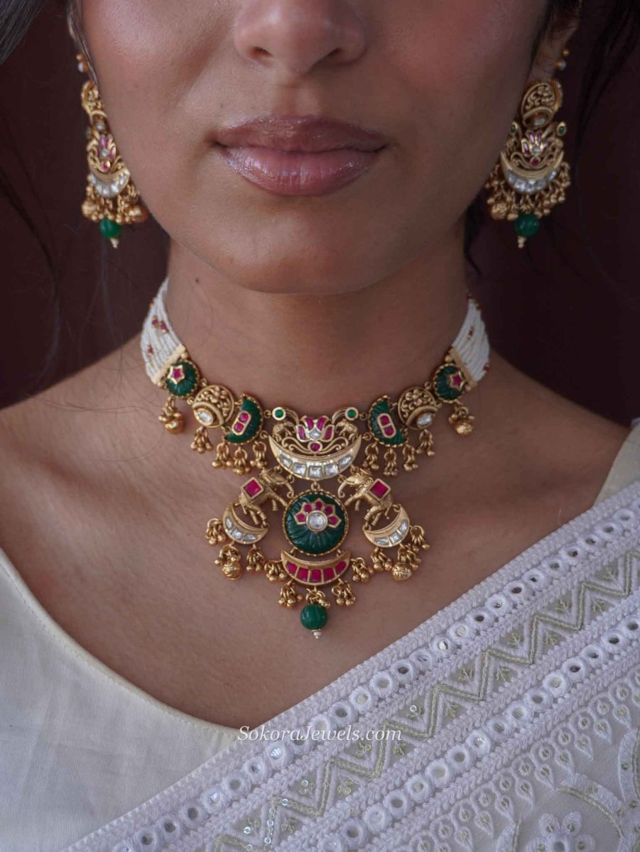 Maharani Elephant Heritage Choker Set – Ruby, Emerald & Kundan - SOKORA JEWELSMaharani Elephant Heritage Choker Set – Ruby, Emerald & Kundan
