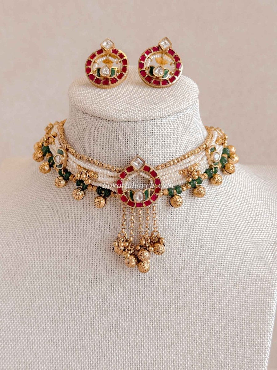 Maharani Ghungroo Choker Set – Ruby, Emerald & Kundan - SOKORA JEWELSMaharani Ghungroo Choker Set – Ruby, Emerald & Kundan