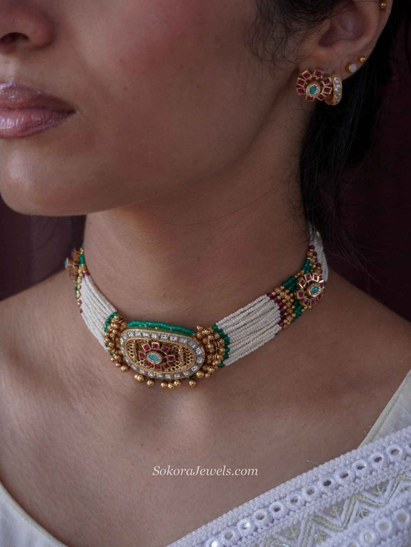 Maharani Gold Ball Choker Set – Ruby, Emerald & Kundan - SOKORA JEWELSMaharani Gold Ball Choker Set – Ruby, Emerald & Kundan