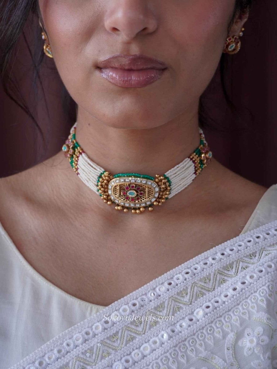 Maharani Gold Ball Choker Set – Ruby, Emerald & Kundan - SOKORA JEWELSMaharani Gold Ball Choker Set – Ruby, Emerald & Kundan