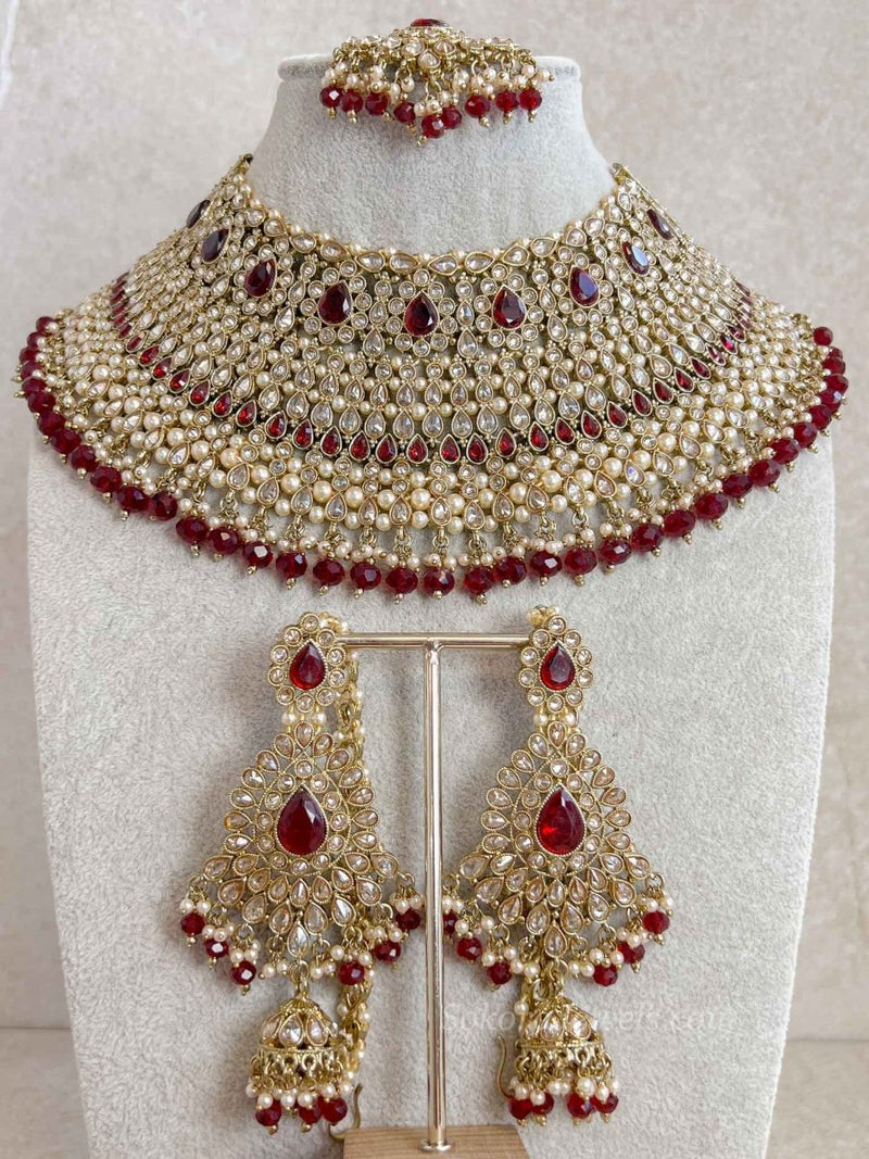 Maheen Bridal Choker Set - Maroon - SOKORA JEWELSMaheen Bridal Choker Set - Maroon
