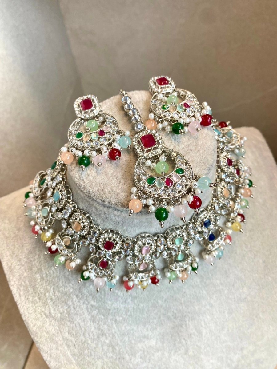 Malika Silver Multicolour Necklace set - SOKORA JEWELSMalika Silver Multicolour Necklace set