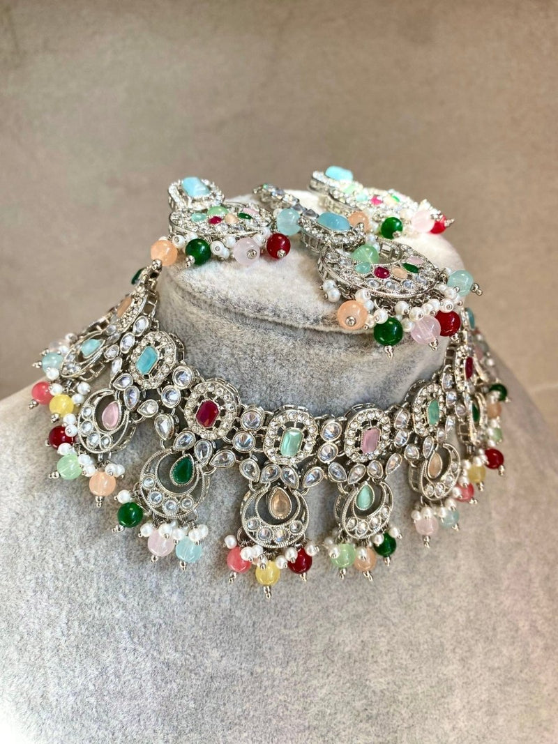 Malika Silver Multicolour Necklace set - SOKORA JEWELSMalika Silver Multicolour Necklace set