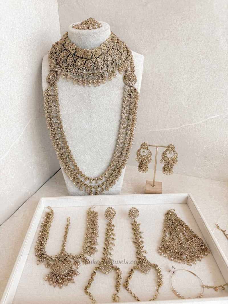 Malina Bridal Set - Full 8 Piece Antique Gold Crystal Bridal Jewelry - SOKORA JEWELSMalina Bridal Set - Full 8 Piece Antique Gold Crystal Bridal Jewelry