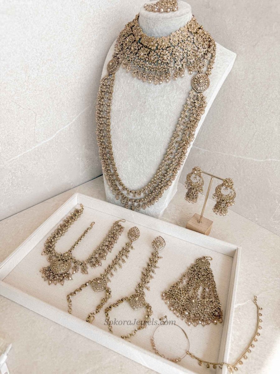 Malina Bridal Set - Full 8 Piece Antique Gold Crystal Bridal Jewelry - SOKORA JEWELSMalina Bridal Set - Full 8 Piece Antique Gold Crystal Bridal Jewelry