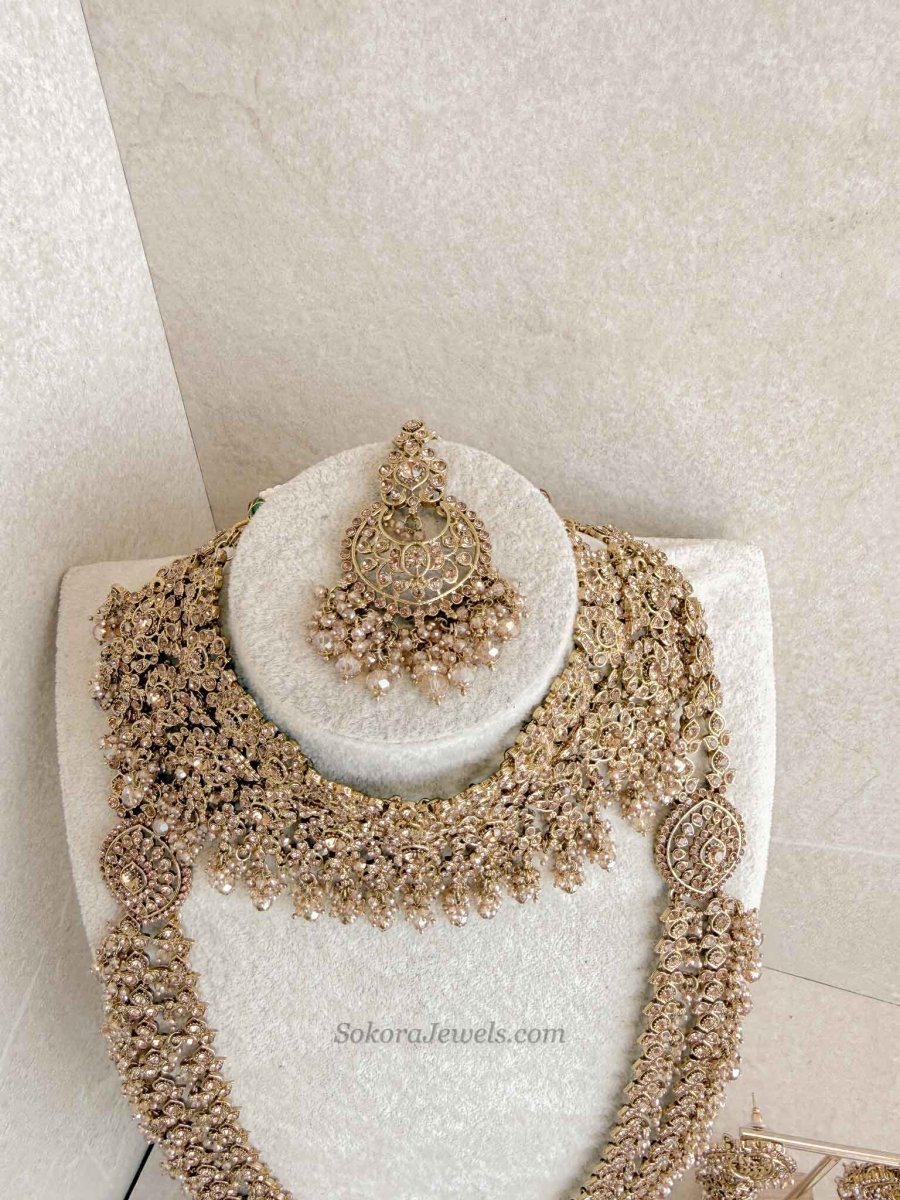 Malina Bridal Set - Full 8 Piece Antique Gold Crystal Bridal Jewelry - SOKORA JEWELSMalina Bridal Set - Full 8 Piece Antique Gold Crystal Bridal Jewelry