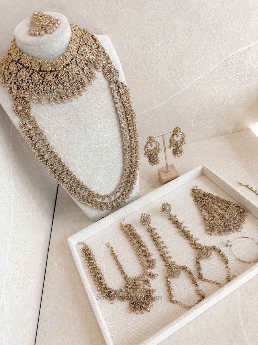 Malina Bridal Set - Full 8 Piece Antique Gold Crystal Bridal Jewelry - SOKORA JEWELSMalina Bridal Set - Full 8 Piece Antique Gold Crystal Bridal Jewelry