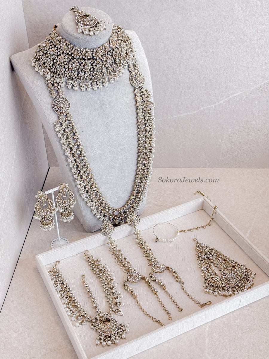 Malina Bridal Set - Full 8 Piece Pearl & Clear Crystal Bridal Jewelry set - SOKORA JEWELSMalina Bridal Set - Full 8 Piece Pearl & Clear Crystal Bridal Jewelry set