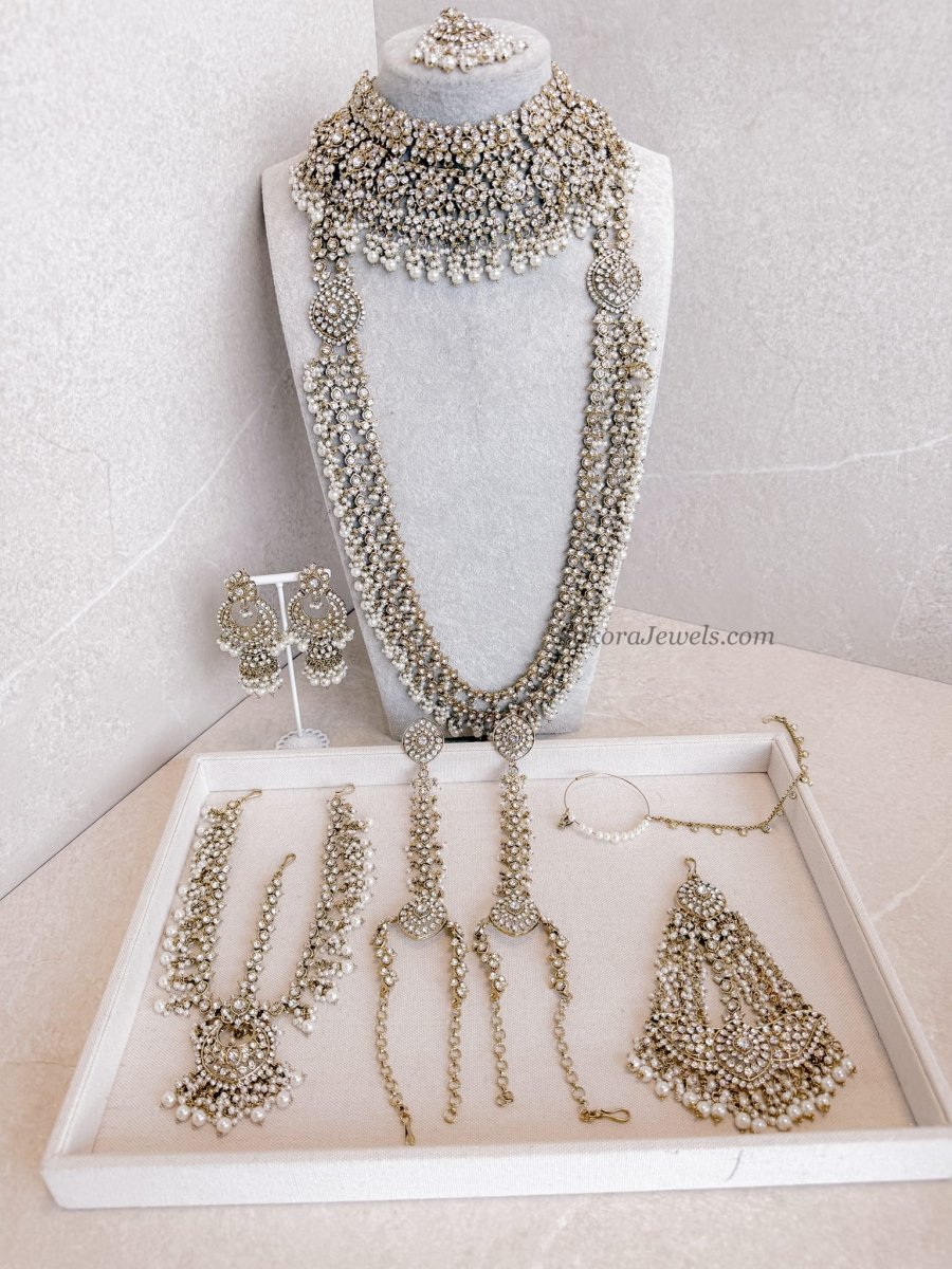 Malina Bridal Set - Full 8 Piece Pearl & Clear Crystal Bridal Jewelry set - SOKORA JEWELSMalina Bridal Set - Full 8 Piece Pearl & Clear Crystal Bridal Jewelry set