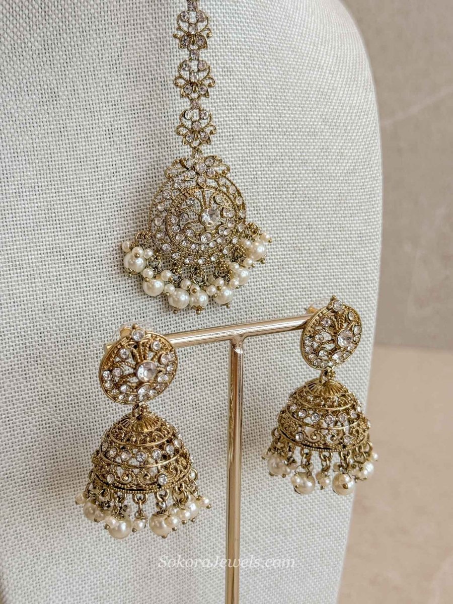 Mandala Clear & Pearl Jhumka Earrings with Tikka Set - SOKORA JEWELSMandala Clear & Pearl Jhumka Earrings with Tikka Set