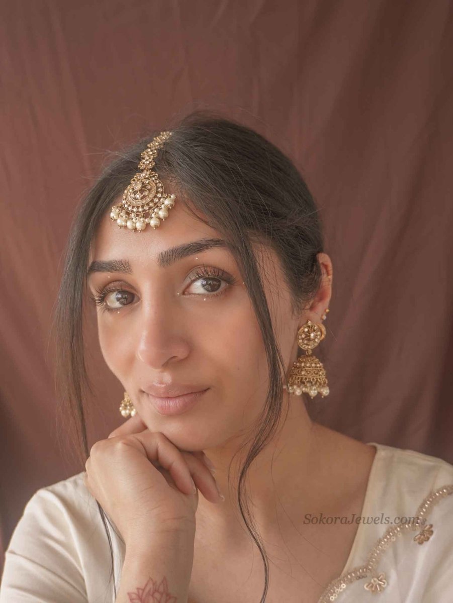 Mandala Crystal & Pearl Jhumka Earrings with Tikka Set - SOKORA JEWELSMandala Crystal & Pearl Jhumka Earrings with Tikka Set