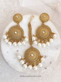 Mandala Gold Pearl Earrings with Tikka Set - SOKORA JEWELSMandala Gold Pearl Earrings with Tikka Set