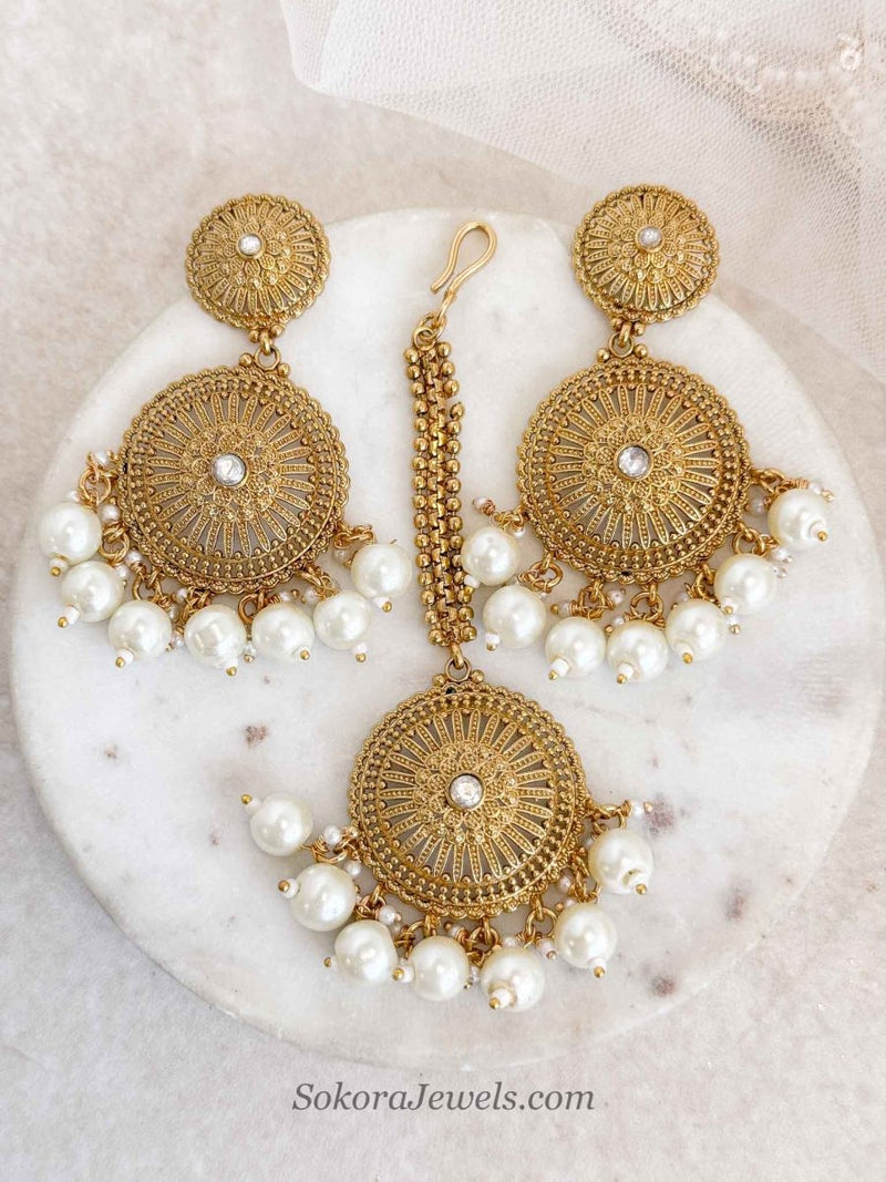 Mandala Gold Pearl Earrings with Tikka Set - SOKORA JEWELSMandala Gold Pearl Earrings with Tikka Set