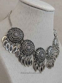 Mandala Medallion Oxidized Silver Necklace set - SOKORA JEWELSMandala Medallion Oxidized Silver Necklace set