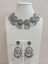 Mandala Medallion Oxidized Silver Necklace set - SOKORA JEWELSMandala Medallion Oxidized Silver Necklace set