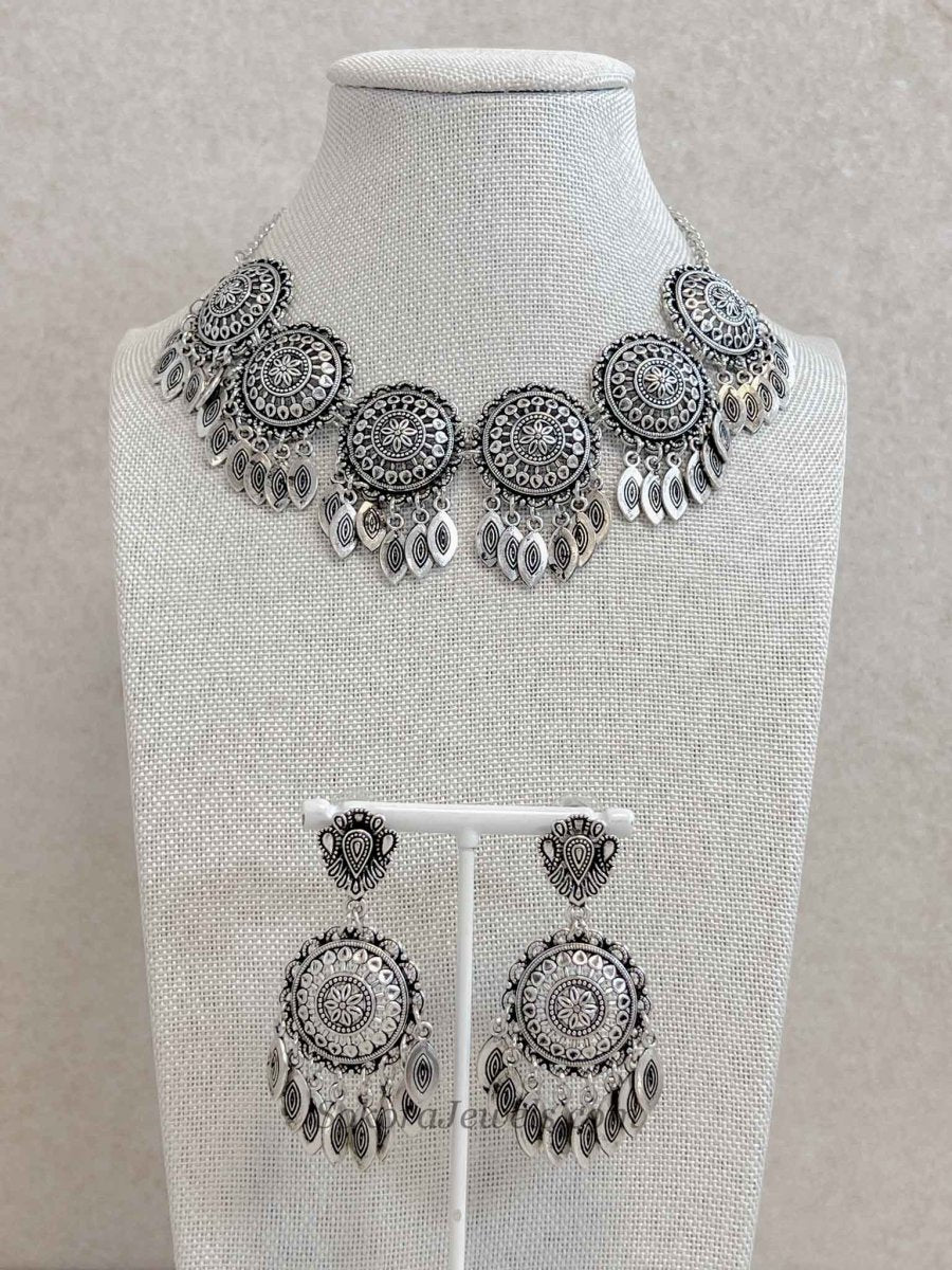 Mandala Medallion Oxidized Silver Necklace set - SOKORA JEWELSMandala Medallion Oxidized Silver Necklace set