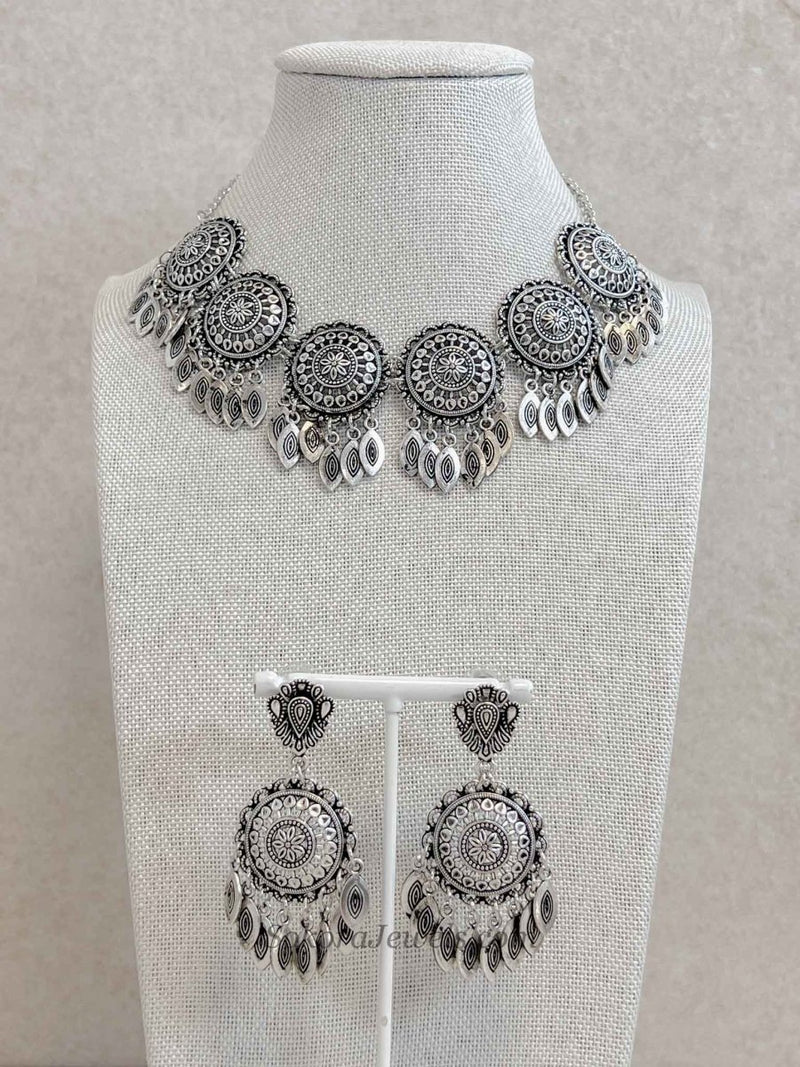 Mandala Medallion Oxidized Silver Necklace set - SOKORA JEWELSMandala Medallion Oxidized Silver Necklace set
