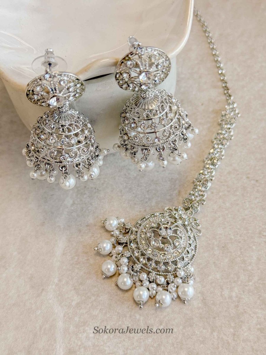 Mandala Silver & Pearl Jhumka Earrings with Tikka Set - SOKORA JEWELSMandala Silver & Pearl Jhumka Earrings with Tikka Set