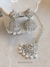Mandala Silver & Pearl Jhumka Earrings with Tikka Set - SOKORA JEWELSMandala Silver & Pearl Jhumka Earrings with Tikka Set