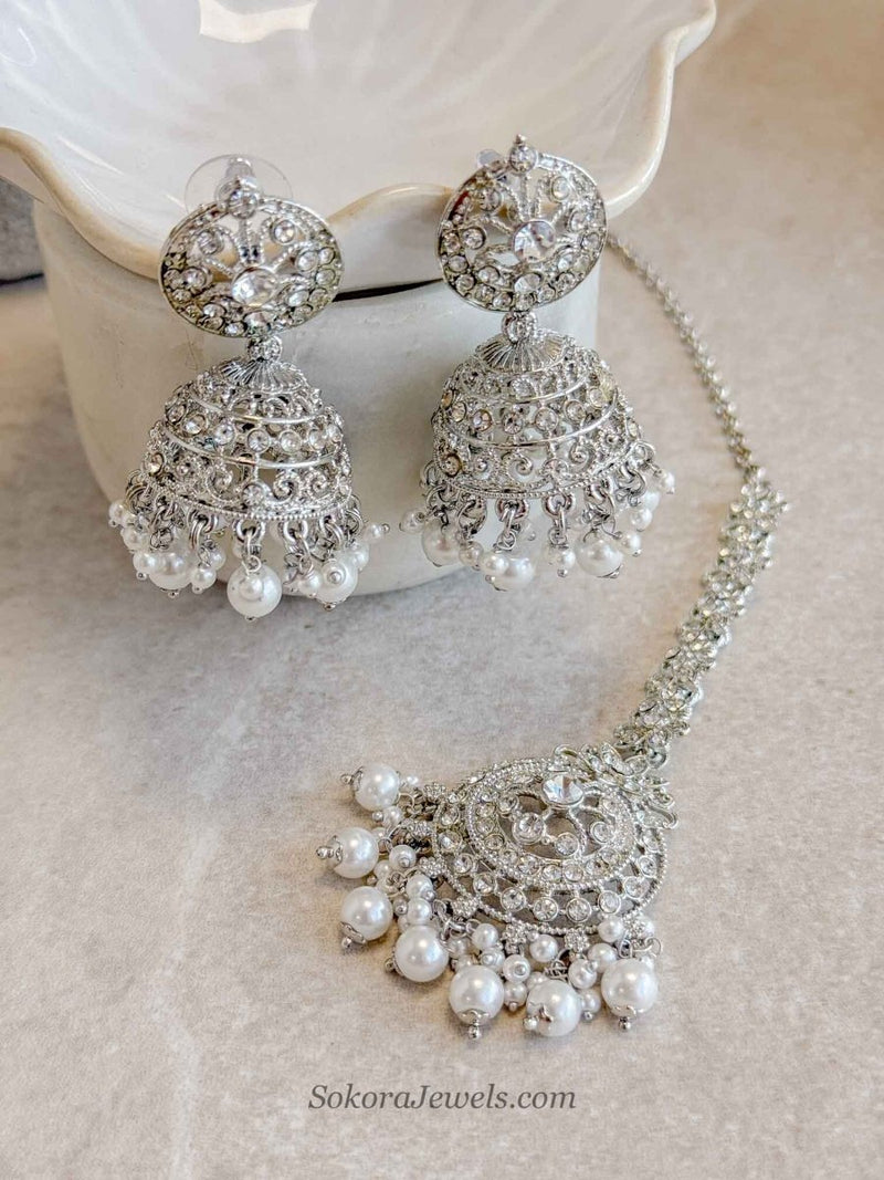 Mandala Silver & Pearl Jhumka Earrings with Tikka Set - SOKORA JEWELSMandala Silver & Pearl Jhumka Earrings with Tikka Set