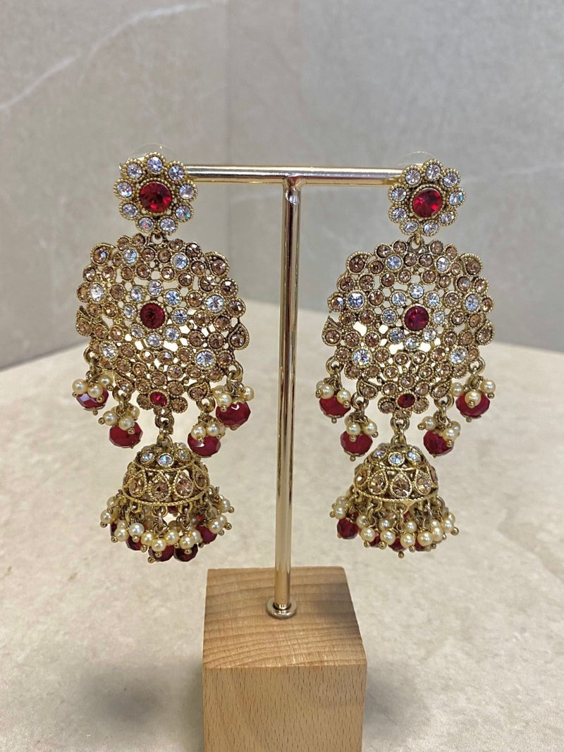 Maroon Jhumka Drop Earrings - SOKORA JEWELSMaroon Jhumka Drop Earrings