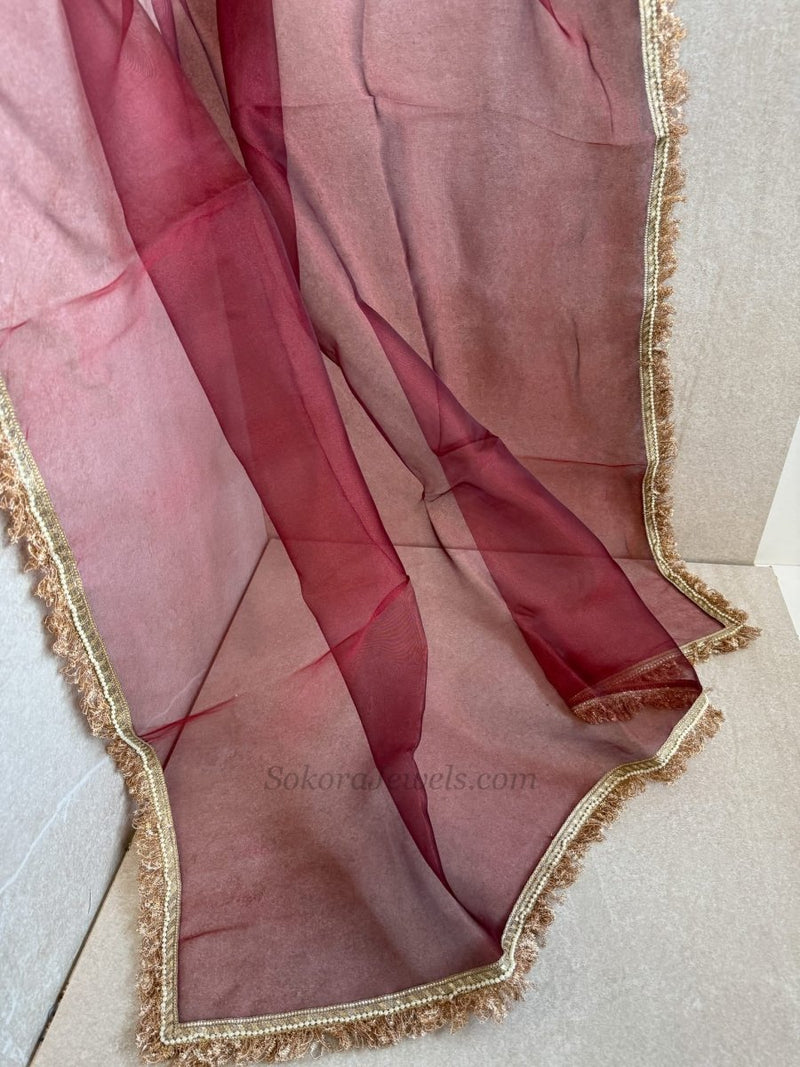Maroon Organza Bridal Veil Dupatta - SOKORA JEWELSMaroon Organza Bridal Veil Dupatta