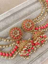Mavika Jhumka Earrings with Ear chains - Coral - SOKORA JEWELSMavika Jhumka Earrings with Ear chains - Coral